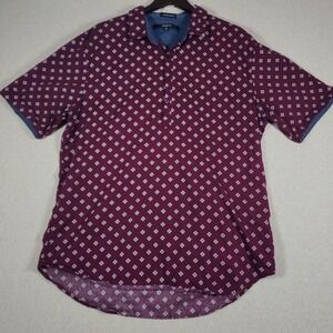Geometric Diamond Print Short Sleeve Shirt Mens XXL Burgundy Cotton Carbon